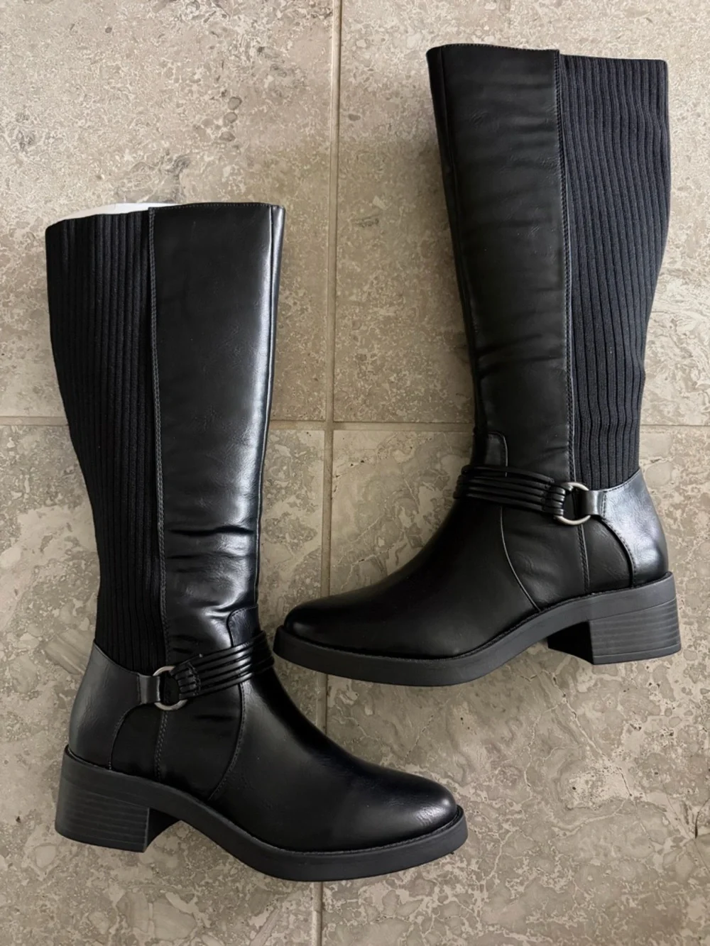 Lifestride Brighton Black Leather Knee-High Riding Boots in Black, Size 8, NEW